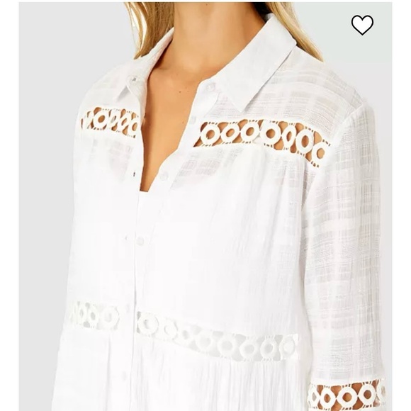 NWT Ibiza Anne ColeWomen's Button Up Bell Sleeve Crochet Trim Cover-Up Tunic - Picture 7 of 8